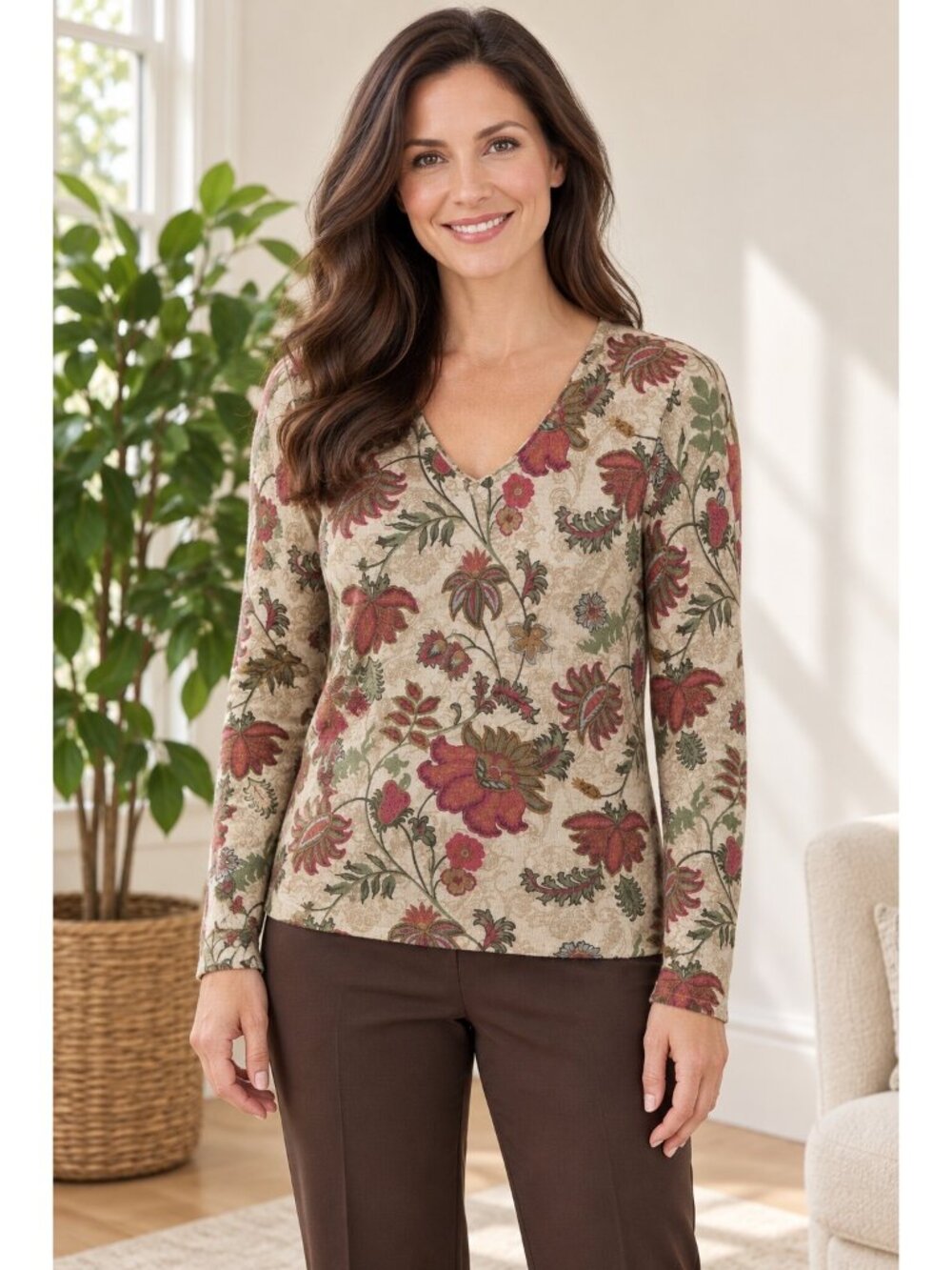 Charter Club 2-Ply 100% Cashmere Floral Print Sweater Womens Small Beige Red Gre